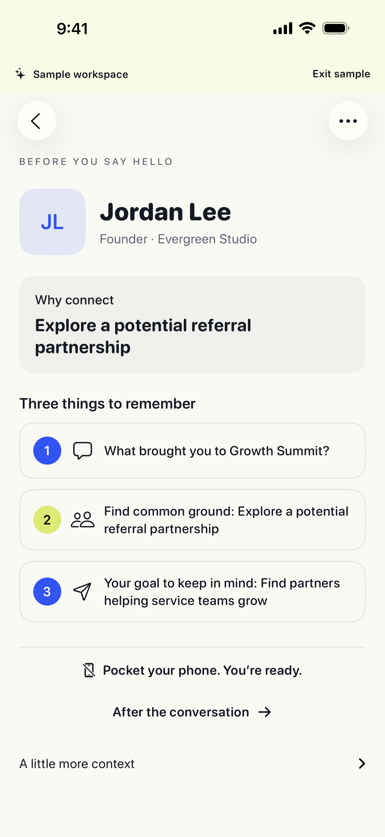 Handshake briefing with a fictional contact, a reason to connect and three conversation prompts.
