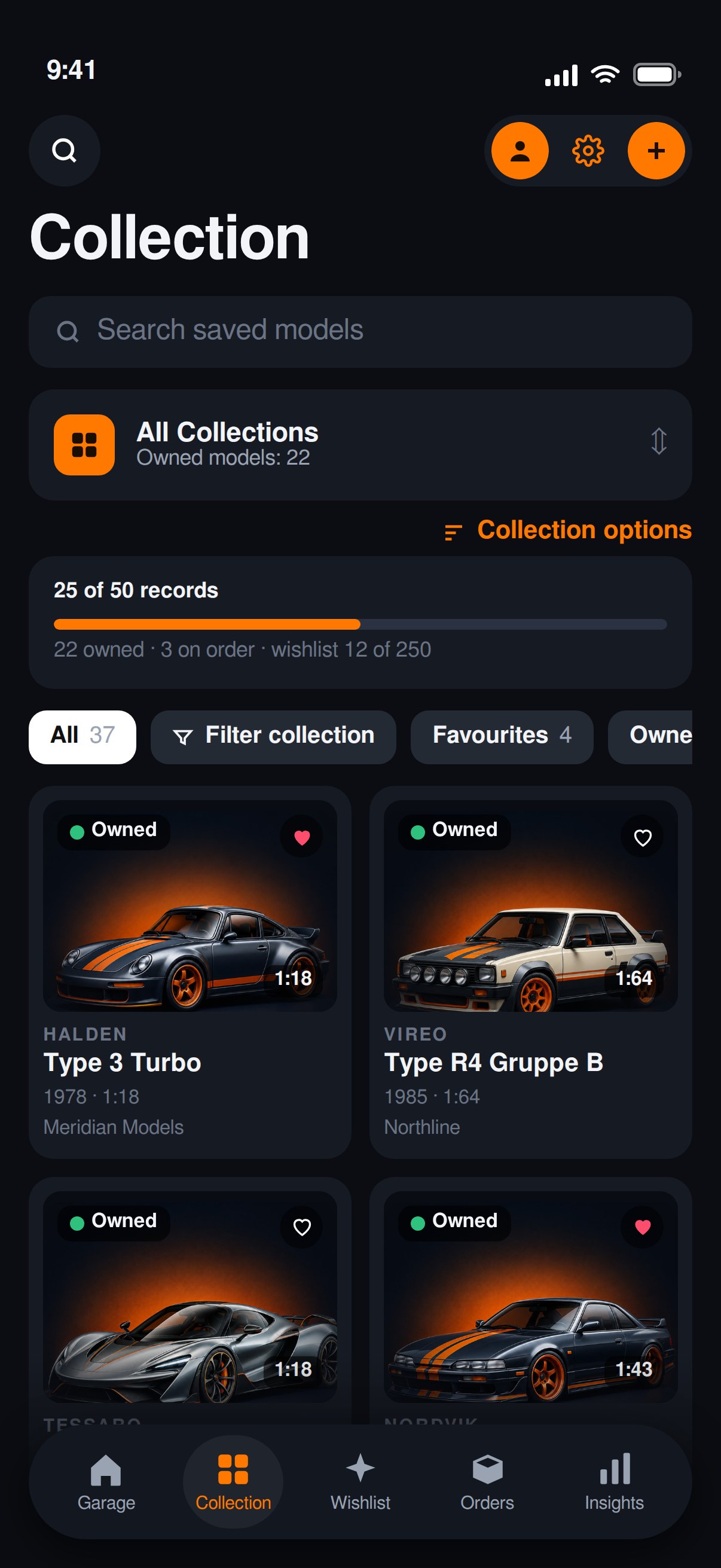 iDiecast collection screen showing a grid of illustrated sample model cars.